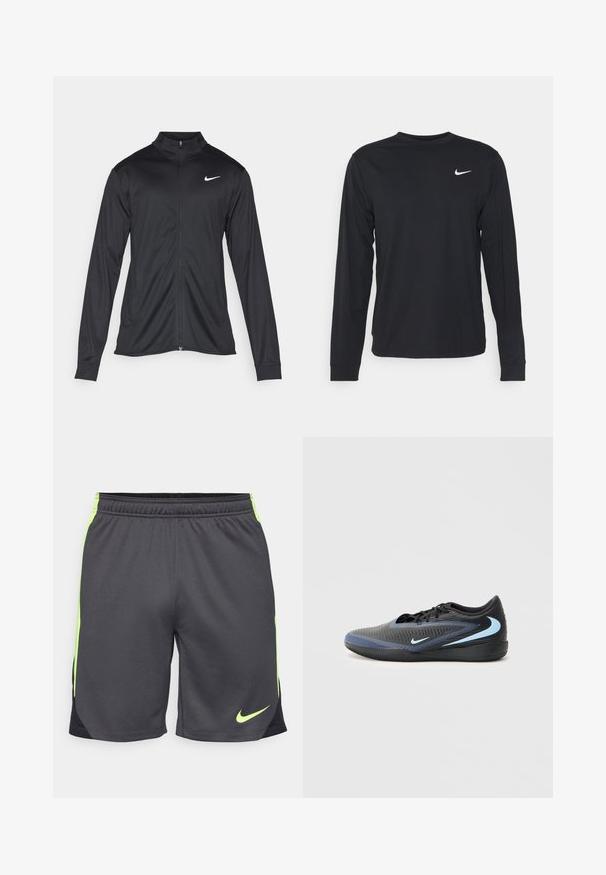Crna sportska jakna s dugim rukavima, ovratnikom i punim patentnim zatvaračem. Ima suptilan Nike logo u bijeloj boji na gornjem lijevom dijelu prsne oznake. Glatka tekstura.; Crna majica dugih rukava izrađena od glatkog materijala, s okruglim izrezom i malim bijelim Nike logotipom na gornjem lijevom dijelu prsiju.; Muške sportske kratke hlače, izrađene od lagane sive tkanine s neonsko zelenim detaljima i crnim bočnim panelom. Imaju elastičnu traku u struku za udobnost.; Crne i plave niskokrvne atletske cipele s teksturiranom površinom, crnim vezicama i svijetloplavim Nike swoosh logotipima sa strane i na potplatu.
