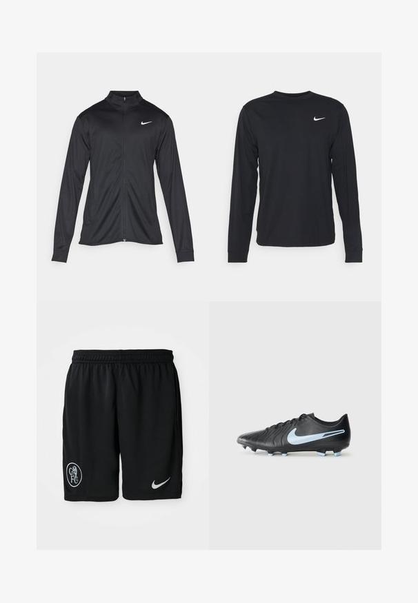 Crna sportska jakna s dugim rukavima, ovratnikom i punim patentnim zatvaračem. Ima suptilan Nike logo u bijeloj boji na gornjem lijevom dijelu prsne oznake. Glatka tekstura.; Crna majica dugih rukava izrađena od glatkog materijala, s okruglim izrezom i malim bijelim Nike logotipom na gornjem lijevom dijelu prsiju.; Crne atletske kratke hlače od lagane tkanine, sa elastičnim pojasom, bočnim prorezima, bijelim Nike logom i okruglim CFC grbom.; Crna nogometna kopačka s teksturiranom kožnom gornjom stranom, plavi Swoosh logo i svijetloplave stope. Ima elegantan dizajn i vezanje uzice.