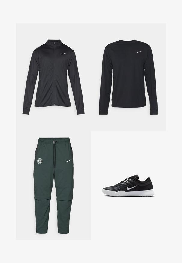 Black athletic jacket with long sleeves, collar, and full zipper. Features a subtle Nike logo in white on the upper left chest. Smooth texture.; Black long-sleeve shirt made of smooth fabric, featuring a crew neckline and a small white Nike logo on the upper left chest.; Dark green athletic pants with an elastic waistband, zippered side pockets, Chelsea FC logo, and white Nike swoosh on the front.; Black athletic shoe with a textured upper, white Nike swoosh, and a white rubber outsole. Features a lace-up design and dynamic shape.