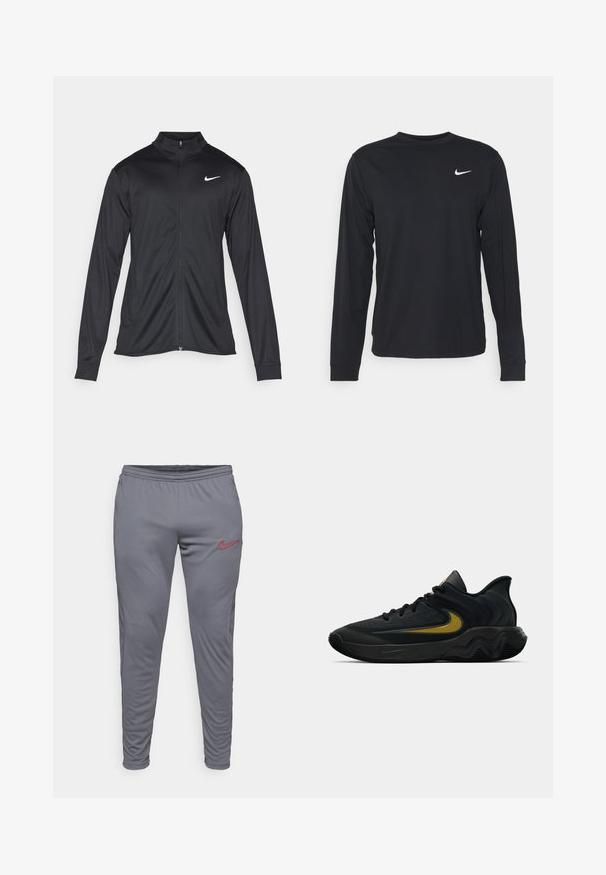 Melna sporta jaka ar garām piedurknēm, apkakli un pilnu rāvējslēdzēju. Uz kreisā krūts augšdaļas ir maigs Nike logo baltā krāsā. Gluda tekstūra.; Melna garo piedurkņu krekls, izgatavots no gludas auduma, ar apaļu kakla izgriezumu un mazu baltu Nike logotipu kreisajā augšējā krūtīs.; Nike Performance DRI-FIT ACADEMY PANT - Treniņtērpa apakšdaļas - iron grey/dragon red; Melna un tumši pelēka sporta apavu pāris ar melnām auklām un zelta Swoosh logo, ar viļņotu zolītes dizainu un polsterētu papēdi.
