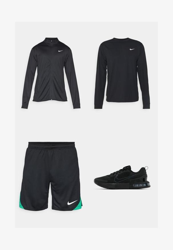 Schwarze Sportjacke mit langen Ärmeln, Kragen und voller Reißverschluss. Verfügt über ein dezentes Nike-Logo in Weiß auf der oberen linken Brust. Glatte Textur.; Schwarzes Langarmshirt aus glattem Stoff mit Rundhalsausschnitt und kleinem weißen Nike-Logo auf der oberen linken Brust.; Nike Performance STRIKE SHORT - Kurze Sporthose - black/stadium green/white; Schwarzer Nike Sportschuh mit einem Mesh-Obermaterial, gummierter Sohle, gepolstertem Kragen und einem auffälligen transparenten Fersenakzent.