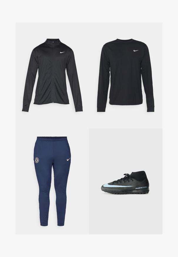Svart idrottsjacka med långa ärmar, krage och full dragkedja. Har en diskret Nike-logga i vitt på övre vänstra bröstet. Slät yta.; Svart långärmad tröja i slätt tyg, med rund halsringning och en liten vit Nike-logga på övre vänstra bröstet.; Marina sportbyxor med figursydd design, tillverkade av ett mjukt tyg. Har en Chelsea FC-logga och en liten beige Nike-swoosh på sidan.; Svart sportskor med hög design, med en ljusblå accentrand och strukturerad sula för grepp. "AIR ZOOM"-varumärke synligt.