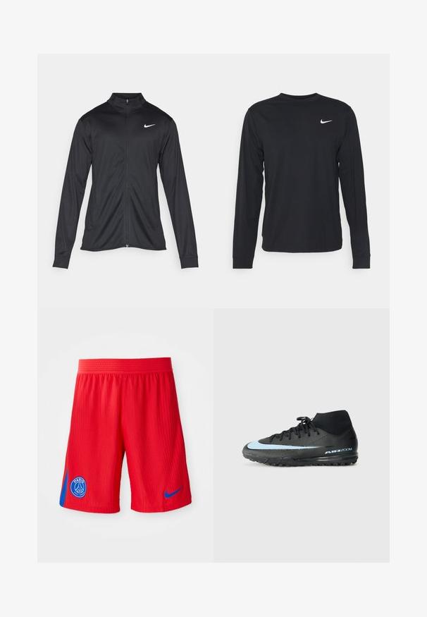 Must värvi sportlik jakk pikkade varrukatega, krae ja täispikk tõmblukk. Ülemises vasakus rinnas on diskreetne valge Nike logo. Sile tekstuur.; Must have pikkade varrukatega must särk, mis on valmistatud siledast kangast, ümara kaeluse ja väikese valge Nike logo detailiga vasakul rinnal.; Punased sportlikud lühikesed püksid ribateraga, sinise külgpaneeliga ja ümmarguse logoga vasakul jalal. Mugavuse tagamiseks elastne pael.; Must must sportlik king, millel on kõrge disain, millel on helesinised aksenttriibud ja tekstureeritud tallad haardeks. Näha on "AIR ZOOM" bränding.