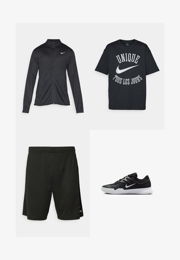Černá sportovní bunda s dlouhými rukávy, límcem a plným zipem. Má decentní bílou logo značky Nike na horní levé části hrudi. Hladká textura.; Černé bavlněné tričko s bílým textem "UNIQUE TOUS LES JOURS" a stříbrným logem Nike. Klasický design s kulatým výstřihem a krátkými rukávy.; Černé sportovní šortky vyrobené z lehkého materiálu, s elastickým pasem a plochými švy. Zahrnují decentní detail loga na lemu.; Černá atletická bota s texturovaným svrškem, bílým logem Nike a bílou gumovou podrážkou. Disponuje šněrovacím designem a dynamickým tvarem.