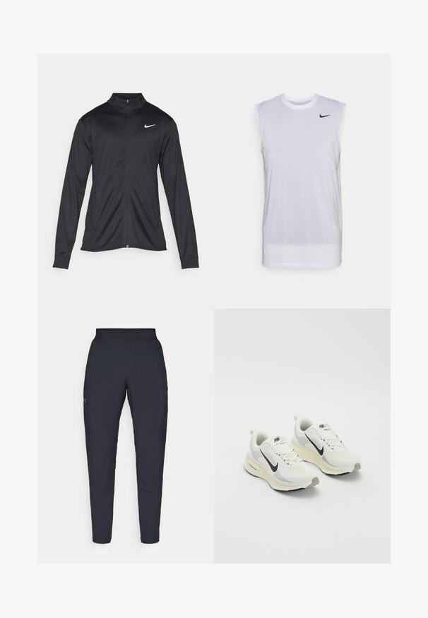 Must värvi sportlik jakk pikkade varrukatega, krae ja täispikk tõmblukk. Ülemises vasakus rinnas on diskreetne valge Nike logo. Sile tekstuur.; Valge ilma varrukateta sportlik särk, mis on valmistatud kerge materjali. Omab ümmargust kaelust ja väikest musta Nike logo vasakul ülal.; Mustad mustreid spordipüksid, millel on sile tekstuur, kitsas lõige, elastne vöökoht ja küljetaskud. Vasakule reiele on tikandatud väike logo.; Valged hingavad tossud, millel on heledashallid aktsendid. Omavad musta swoosh logo ja heledashallist kummist välistald.