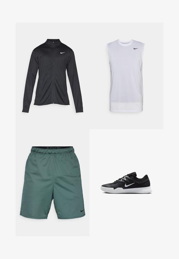 Chaqueta atlética negra con mangas largas, collar y cremallera completa. Presenta un sutil logo de Nike en blanco en la parte superior izquierda del pecho. Textura suave.; Camiseta atlética sin mangas blanca hecha de material ligero. Presenta un cuello redondo y un pequeño logo negro de Nike en la parte superior izquierda.; Nike Performance TOTALITY - Pantalón corto de deporte - vintage green/black; Zapatilla deportiva negra con parte superior texturizada, logo de Nike en blanco y suela de goma blanca. Tiene un diseño con cordones y una forma dinámica.