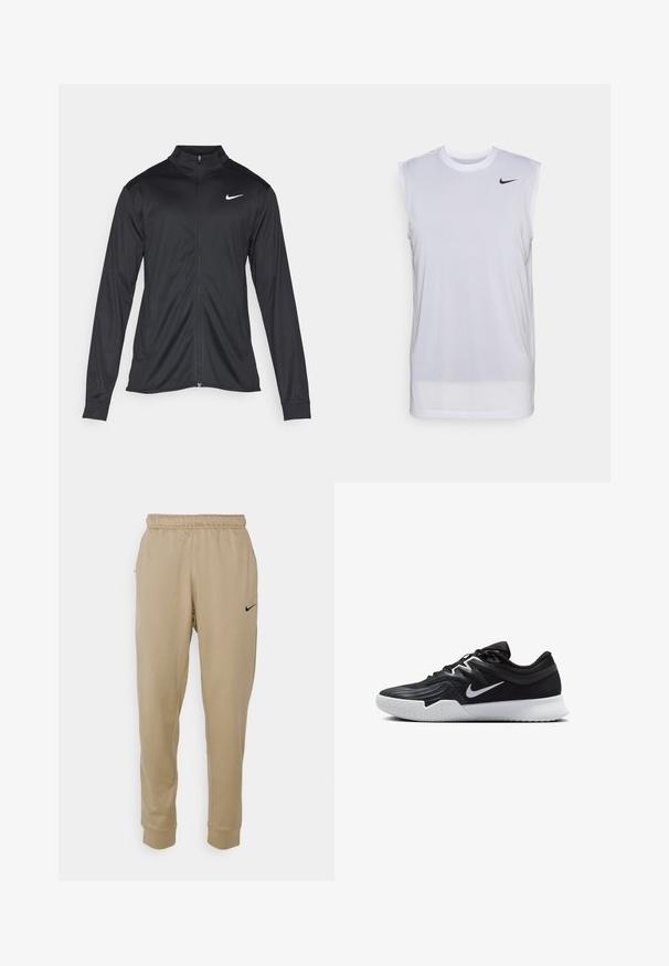 Black athletic jacket with long sleeves, collar, and full zipper. Features a subtle Nike logo in white on the upper left chest. Smooth texture.; White sleeveless athletic shirt made of lightweight material. Features a round neckline and a small black Nike logo on the upper left.; Nike Performance TAPER - Tracksuit bottoms - khaki/khaki/(black); Black athletic shoe with a textured upper, white Nike swoosh, and a white rubber outsole. Features a lace-up design and dynamic shape.