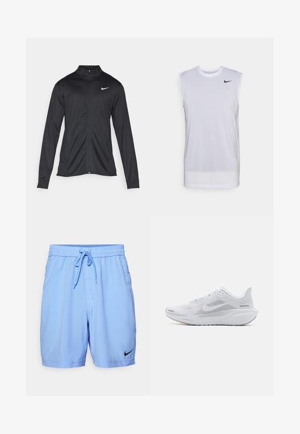 Svart idrottsjacka med långa ärmar, krage och full dragkedja. Har en diskret Nike-logga i vitt på övre vänstra bröstet. Slät yta.; Vit ärmlös träningsshirt gjord av lättviktigt material. Har en rund halsringning och en liten svart Nike-logotyp på övre vänstra sidan.; Ljusblåa träningsshorts tillverkade av mjukt tyg, med resårmidja och dragsko, sidfickor och en svart Nike-logotyp.; Vit sportskor med ovandel i mesh, släta texturerade överlager, grå accenter, snören och en vadderad sula designad för prestanda.
