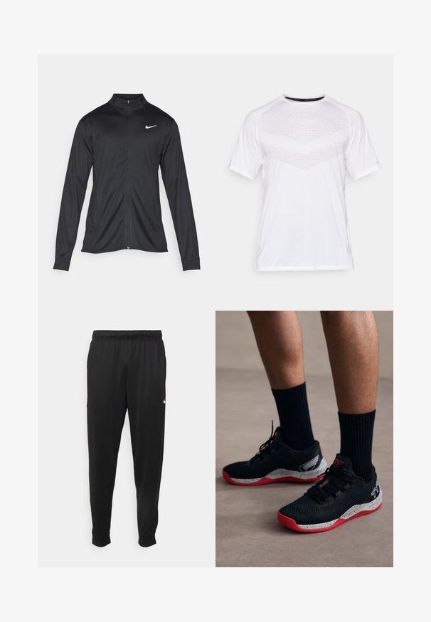 Čierna športová bunda s dlhými rukávmi, golierom a plným zipsom. Obsahuje nenápadné logo Nike v bielej farbe na hornej ľavej hrudi. Hladká textúra.; Biele krátke športové tričko s textúrovaným geometrickým vzorom na prednej strane, vyrobené z ľahkého materiálu, s okrúhlym výstrihom a voľným strihom.; Čierne športové nohavice z hladkej tkaniny, s elastickým pásom, zužujúcimi sa nohavicami a malým bielym logom na ľavej strane.; TYR CXT2 - Tréningová obuv - black/red