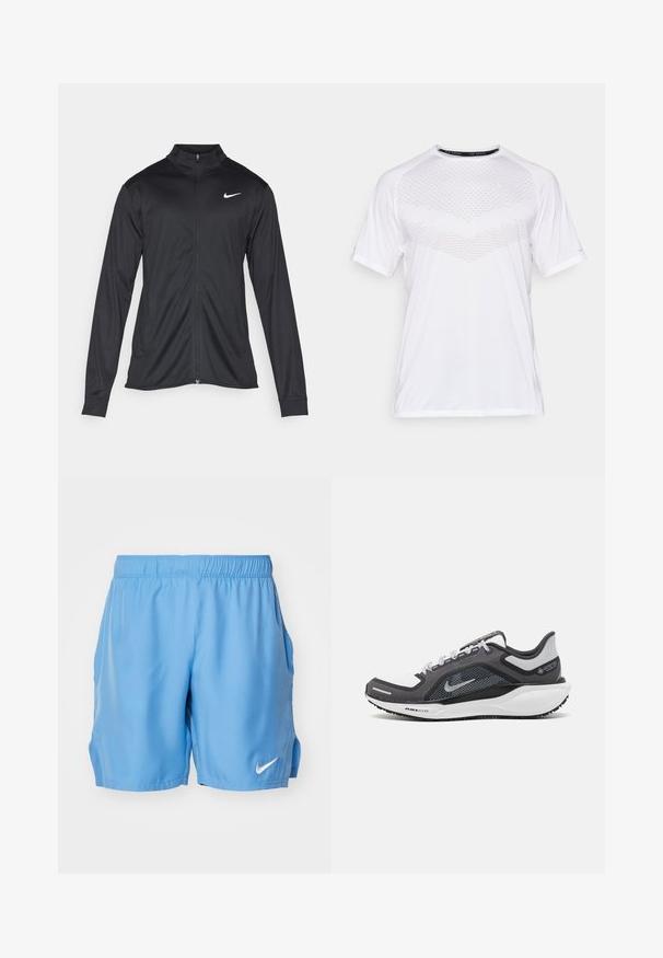 Melna sporta jaka ar garām piedurknēm, apkakli un pilnu rāvējslēdzēju. Uz kreisā krūts augšdaļas ir maigs Nike logo baltā krāsā. Gluda tekstūra.; Balta īsām piedurknēm sporta krekls ar teksturētu ģeometrisku rakstu uz priekšpuses, izgatavots no viegla auduma, ar apaļu kakla izgriezumu un brīvu piegriezumu.; Gaiši zili sporta šorti ar elastīgu jostu, sānu kabatām un mazu baltu Nike logo apakšējā labajā daļā. Gluda auduma tekstūra.; Melnas un pelēkas sporta kurpes ar tīklu augšdaļu, atstarojošiem akcentiem un baltu starpzoli. Aprīkotas ar teksturētu gumijas zoli un šņorēm.