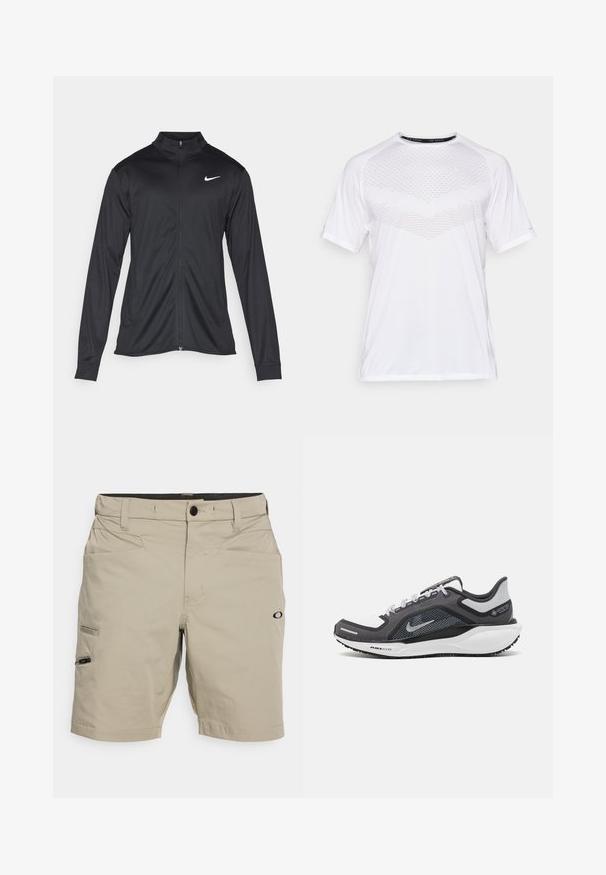 Melna sporta jaka ar garām piedurknēm, apkakli un pilnu rāvējslēdzēju. Uz kreisā krūts augšdaļas ir maigs Nike logo baltā krāsā. Gluda tekstūra.; Balta īsām piedurknēm sporta krekls ar teksturētu ģeometrisku rakstu uz priekšpuses, izgatavots no viegla auduma, ar apaļu kakla izgriezumu un brīvu piegriezumu.; Beige kravas šorti, izgatavoti no izturīga auduma, ar pogu aizdari, vairākiem kabatām un logo akcentu uz apakšējā kājas daļas.; Melnas un pelēkas sporta kurpes ar tīklu augšdaļu, atstarojošiem akcentiem un baltu starpzoli. Aprīkotas ar teksturētu gumijas zoli un šņorēm.