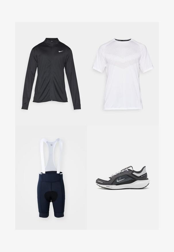 Melna sporta jaka ar garām piedurknēm, apkakli un pilnu rāvējslēdzēju. Uz kreisā krūts augšdaļas ir maigs Nike logo baltā krāsā. Gluda tekstūra.; Balta īsām piedurknēm sporta krekls ar teksturētu ģeometrisku rakstu uz priekšpuses, izgatavots no viegla auduma, ar apaļu kakla izgriezumu un brīvu piegriezumu.; Navy krāsas riteņbraukšanas bikses ar baltām piekaramajām siksnām, izgatavotas no elastīga materiāla, ar polsterētu sēdekli un bezšuvju kāju atverēm.; Melnas un pelēkas sporta kurpes ar tīklu augšdaļu, atstarojošiem akcentiem un baltu starpzoli. Aprīkotas ar teksturētu gumijas zoli un šņorēm.