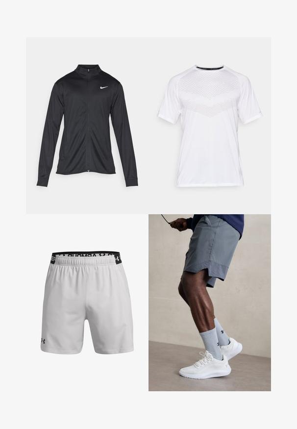 Must värvi sportlik jakk pikkade varrukatega, krae ja täispikk tõmblukk. Ülemises vasakus rinnas on diskreetne valge Nike logo. Sile tekstuur.; Valge lühikeste varrukatega spordikaavaga T-särk, millel on esiosas tekstuuriga geomeetriline muster, valmistatud kergest kangast, ümmargune kaelus ja lõdvestatud istuvus.; Heledad hallhalli hallarid, mis on valmistatud hingavast kangast. Omab elastset vöökohta musta logoga ja küljetaskut.; Valged spordijalatsid tekstuurse võrguga pealispinnaga, millele on lisatud helesinised ribakujulised sokid logoga. Hallid spordilühikesed püksid, millel on perforeeritud ääred.