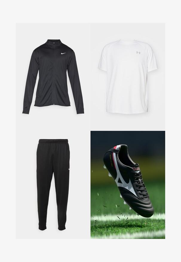 Črna atletska jakna z dolgimi rokavi, ovratnikom in polnim zadrgo. Vključuje diskreten bel Nike logotip na zgornjem levem delu prsnega koša. Gladka tekstura.; Bela kratka športna majica s kratkimi rokavi, izdelana iz gladkega blaga. Ima okroglo ovratnico in sivo logotip na levi prsi ter stranske razpoke na robu.; Črne športne hlače iz gladkega materiala, z elastičnim pasom, zoženimi hlačnicami in majhnim belim logotipom na levi strani.; Črna nogometna kopačka z belimi poudarki, usnjen zgornji del, dvignjene vezalke in šest prozornih kram, lebdi nad zeleno travo s počenim listjem.