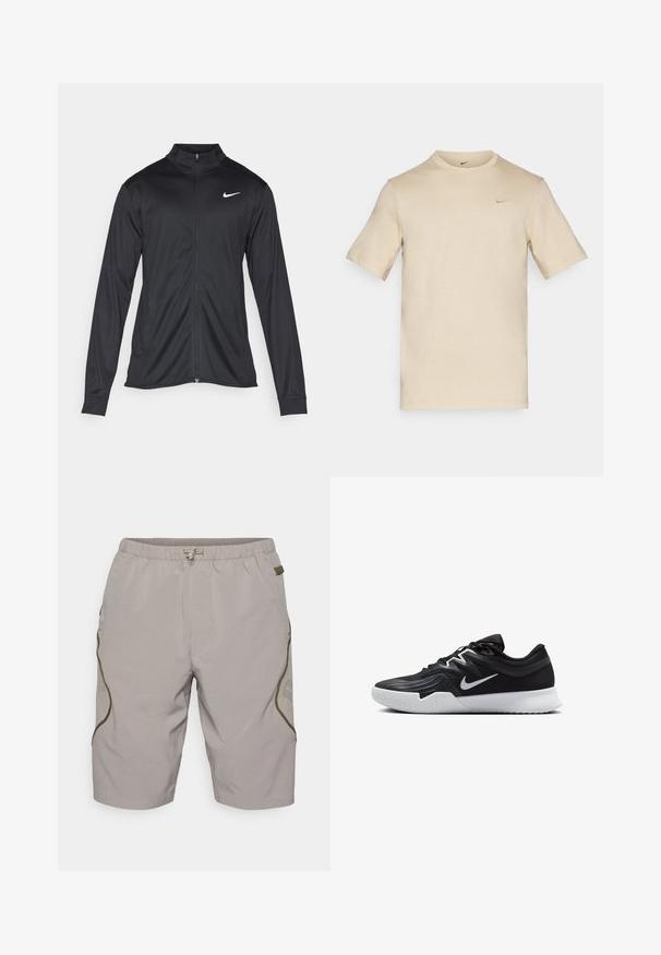 Svart idrettsjakke med lange ermer, krage og full glidelås. Har en subtil Nike-logo i hvitt på øvre venstre bryst. Glatt tekstur.; Lys beige bomulls t-skjorte med rund halslinning, korte ermer, og en liten svart Nike-logo på øverste venstre bryst. Glatt tekstur.; Beige shorts med et teksturert mønster, elastisk midjebånd, snor og sideaksenter. Har mesh-paneler for pusteevne.; Svart treningssko med teksturert overdel, hvit Nike-swoosh og hvit gummisåle. Har snøring og en dynamisk form.