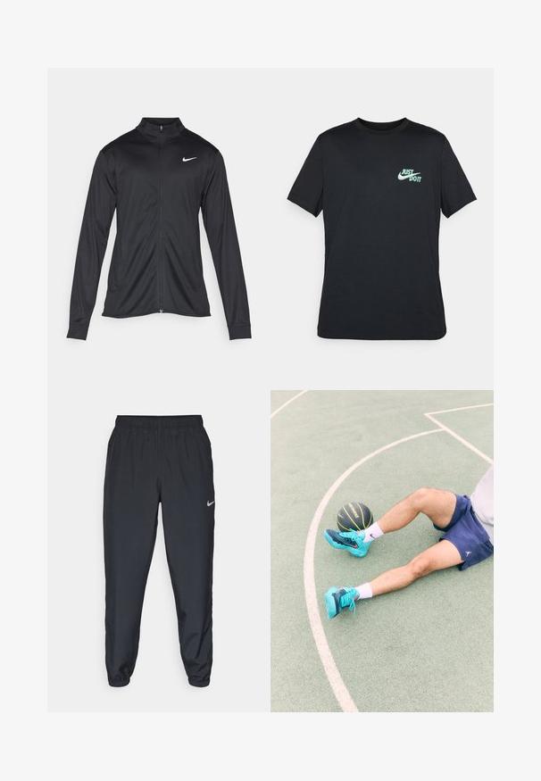 Czarna sportowa kurtka z długimi rękawami, kołnierzem i pełnym zamkiem. Posiada subtelne logo Nike w białym kolorze na lewej górnej części klatki piersiowej. Gładka tekstura.; Czarna bawełniana koszulka z krótkimi rękawami i okrągłym dekoltem, z jasnoniebieskim logo "Just Do It" na górnej lewej części klatki piersiowej.; Czarne spodnie dresowe wykonane z lekkiego materiału, z elastycznym paskiem w talii, ściągaczami na kostkach oraz dyskretnym logo Nike po lewej stronie.; Turkusowe buty sportowe z czarnymi i niebieskimi akcentami, szorty i białe skarpetki, siedzące na zielonym boisku z czarną piłką do koszykówki w pobliżu.