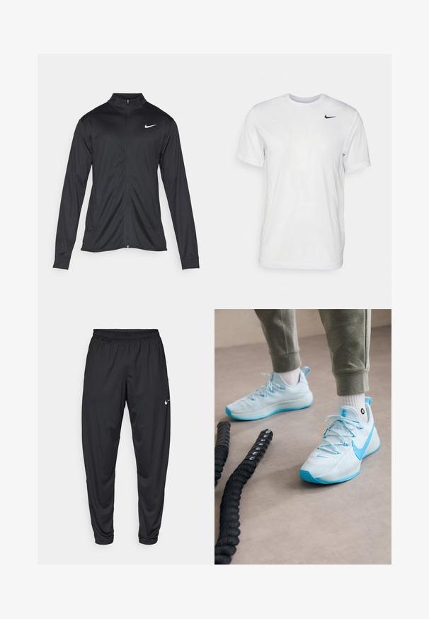 Jacket desportivo preto com mangas longas, colarinho e fecho zip completo. Apresenta um discreto logotipo da Nike em branco na parte superior do lado esquerdo do peito. Textura suave.; T-shirt branca de mangas curtas feita de tecido suave. Apresenta um decote redondo e um pequeno logótipo da Nike em preto no lado esquerdo do peito.; Calças de atletismo pretas com um cós elástico, pernas afuniladas e um pequeno logo branco da Nike na coxa esquerda. Tecido liso, sem padrões.; Ténis de desporto azul claro com material texturizado, atacadores proeminentes e uma sola estampada. Usados com calças de moletão cinzentas e meias brancas.