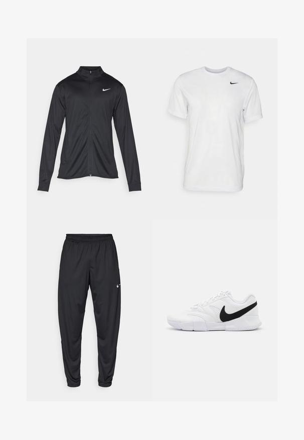 Jacket desportivo preto com mangas longas, colarinho e fecho zip completo. Apresenta um discreto logotipo da Nike em branco na parte superior do lado esquerdo do peito. Textura suave.; T-shirt branca de mangas curtas feita de tecido suave. Apresenta um decote redondo e um pequeno logótipo da Nike em preto no lado esquerdo do peito.; Calças de atletismo pretas com um cós elástico, pernas afuniladas e um pequeno logo branco da Nike na coxa esquerda. Tecido liso, sem padrões.; Sapatilhas brancas com um upper texturizado, logo Nike em preto, colarinho almofadado e uma sola de borracha sólida com um padrão de textura.