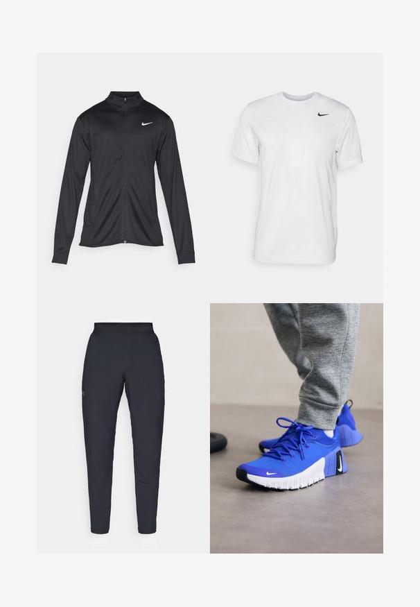 Black athletic jacket with long sleeves, collar, and full zipper. Features a subtle Nike logo in white on the upper left chest. Smooth texture.; White short-sleeve t-shirt made of smooth fabric. Features a round neck and a small black Nike logo on the left chest.; Black athletic pants with a smooth texture, slim fit, elastic waistband, and side pockets. Features a small logo on the left thigh.; Blue athletic shoes with a textured fabric upper, white sole, and black accents. Features laces and a streamlined, ergonomic design.