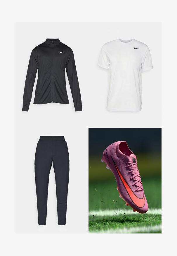 Sort atletisk jakke med lange ærmer, krave og fuld lynlås. Har et diskret Nike-logo i hvidt på den øverste venstre side af brystet. Glat tekstur.; Hvid kortærmet t-shirt lavet af glat stof. Har en rund hals og et lille sort Nike-logo på venstre bryst.; Sorte atletiske bukser med en glat overflade, tætsiddende pasform, elastisk talje og sidelommer. Indeholder et lille logo på venstre lår.; Lyserød fodboldstøvle med rød og sort Nike-swoosh over et grønt græsmark med hvide linjer, græsblade svævende omkring støvlen.