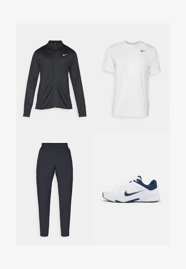 Jachetă sportivă neagră cu mâneci lungi, guler și fermoar complet. Prezintă un logo Nike subtil, alb, pe pieptul din stânga sus. Textură netedă.; Tricou alb cu mâneci scurte, realizat dintr-un material neted. Are guler rotund și un mic logo Nike negru pe partea stângă a pieptului.; Pantaloni sportivi negri cu o textură fină, croială slim, talie elastică și buzunare laterale. Prezentă un mic logo pe coapsa stângă.; Papuci sportivi albi cu accente bleumarin, superior din piele netedă, guler căptușit și detalii perforate. Prezintă un logo Nike argintiu proeminent.
