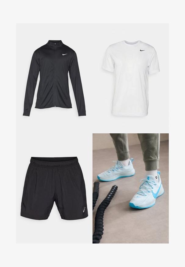 Crna sportska jakna s dugim rukavima, ovratnikom i punim patentnim zatvaračem. Ima suptilan Nike logo u bijeloj boji na gornjem lijevom dijelu prsne oznake. Glatka tekstura.; Bijela kratkotrajna majica s kratkim rukavima izrađena od glatkog materijala. Ima okrugli izrez i mali crni Nike logo na lijevoj strani prsnog koša.; Crne tajice za sport izrađene od laganog materijala, s elastičnom tregrom i malim logom na donjoj lijevoj strani.; Svijetloplave atletske tenisice s teksturiranim materijalom, istaknutim pertlama i uzorkovanom potplatom. Nosene s smešnim trenirkama u sivoj boji i bijelim čarapama.