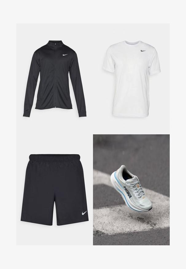 Černá sportovní bunda s dlouhými rukávy, límcem a plným zipem. Má decentní bílou logo značky Nike na horní levé části hrudi. Hladká textura.; Bílé tričko s krátkým rukávem vyrobené z hladkého materiálu. Má kulatý výstřih a malé černé logo Nike na levé straně hrudi.; Černé sportovní šortky vyrobené z lehkého materiálu s elastickým pasem. Na spodní levé straně mají malé bílé logo Nike.; Světlé šedé běžecké boty s prodyšným síťovým svrškem, oranžovými akcenty a silnou bílou mezipodešví s modrým lemováním. Lehký design.