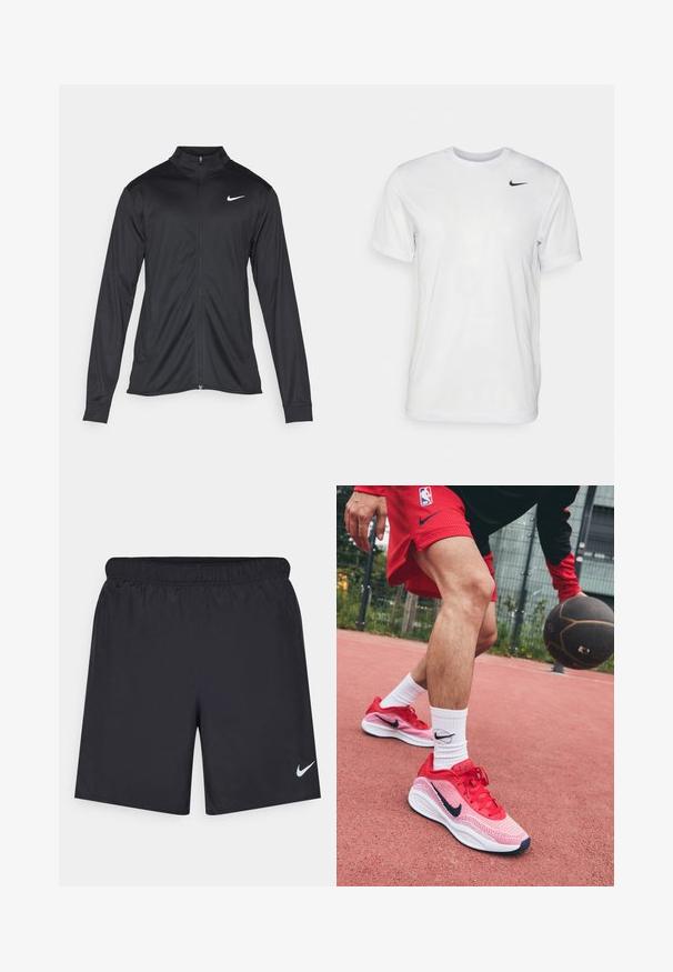 Schwarze Sportjacke mit langen Ärmeln, Kragen und voller Reißverschluss. Verfügt über ein dezentes Nike-Logo in Weiß auf der oberen linken Brust. Glatte Textur.; Weißes T-Shirt mit kurzen Ärmeln aus glattem Stoff. Verfügt über einen runden Halsauschnitt und ein kleines schwarzes Nike-Logo auf der linken Brust.; Schwarze sportliche Shorts aus leichtem Material mit einem elastischen Bund. Auf der unteren linken Seite befindet sich ein kleines weißes Nike-Logo.; Rote, leichte Basketballschuhe mit einem Mesh-Design und kontrastierenden navyfarbenen Akzenten, kombiniert mit weißen Socken, die ein schwarzes Logo aufweisen.