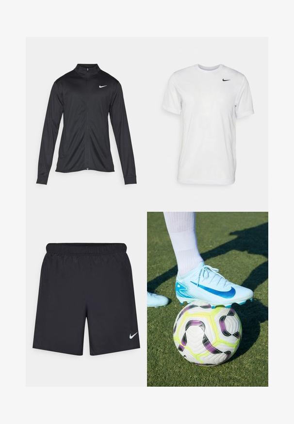 Black athletic jacket with long sleeves, collar, and full zipper. Features a subtle Nike logo in white on the upper left chest. Smooth texture.; White short-sleeve t-shirt made of smooth fabric. Features a round neck and a small black Nike logo on the left chest.; Black athletic shorts made of lightweight material with an elastic waistband. Features a small white Nike logo on the lower left side.; Light blue Nike soccer cleat with a blue swoosh pattern, resting on a multicolored soccer ball with green, purple, and black accents.