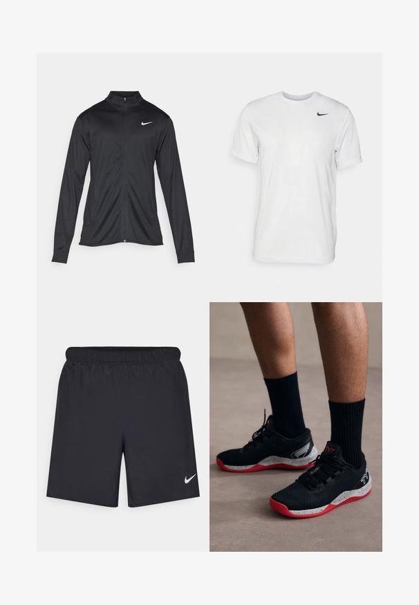 Black athletic jacket with long sleeves, collar, and full zipper. Features a subtle Nike logo in white on the upper left chest. Smooth texture.; White short-sleeve t-shirt made of smooth fabric. Features a round neck and a small black Nike logo on the left chest.; Black athletic shorts made of lightweight material with an elastic waistband. Features a small white Nike logo on the lower left side.; TYR CXT2 - Training shoe - black/red