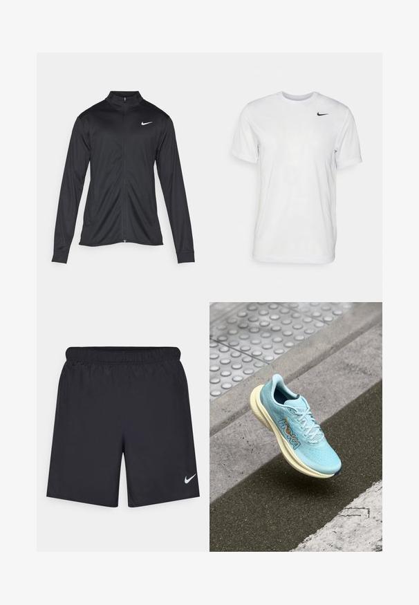 Giacca sportiva nera con maniche lunghe, colletto e zip completa. Presenta un logo Nike in bianco sulla parte superiore del lato sinistro del petto. Tessuto morbido.; T-shirt bianco a maniche corte in tessuto morbido. Presenta un collo rotondo e un piccolo logo Nike nero sul lato sinistro del petto.; Shorts sportivi neri realizzati in materiale leggero con vita elastica. Presentano un piccolo logo Nike bianco sul lato sinistro in basso.; Scarpa da corsa azzurro chiaro con tomaia in mesh traspirante, soletta in crema imbottita e dettagli del logo arancione sul lato. Design con punta arrotondata.