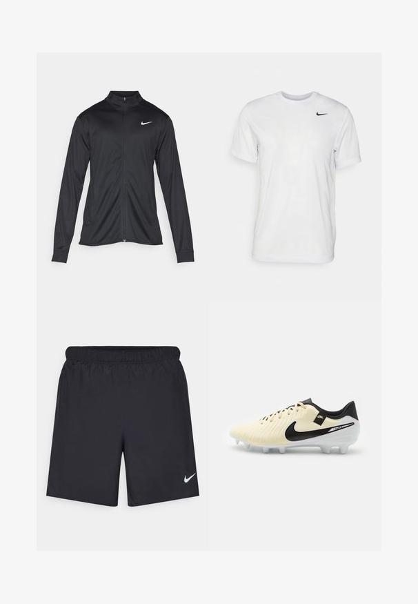 Melna sporta jaka ar garām piedurknēm, apkakli un pilnu rāvējslēdzēju. Uz kreisā krūts augšdaļas ir maigs Nike logo baltā krāsā. Gluda tekstūra.; Balts īsām piedurknēm T-krekls, kas izgatavots no gludas auduma. Tam ir apaļa kakla izgriezums un neliels melns Nike logo kreisajā krūtī.; Melnas sporta šorti, izgatavoti no viegla materiāla, ar elastīgu jostu. Uz apakšējā kreisā stūra ir neliels balts Nike logo.; Futbola apavi ar krēmveida augšdaļu, teksturētu ādas dizainu, melniem akcentiem un baltu zoli ar izvirzītiem uzgaļiem, kas nodrošina saķeri.