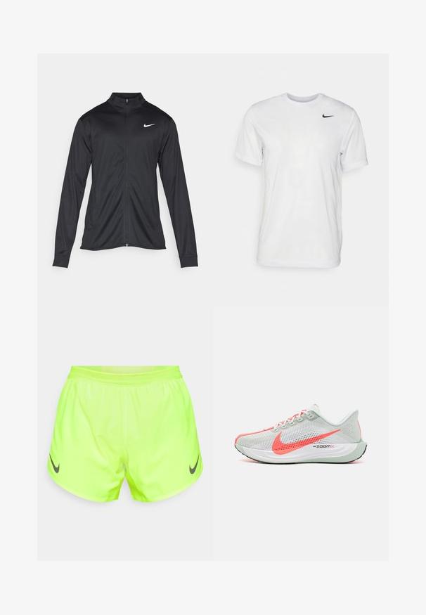 Giacca sportiva nera con maniche lunghe, colletto e zip completa. Presenta un logo Nike in bianco sulla parte superiore del lato sinistro del petto. Tessuto morbido.; T-shirt bianco a maniche corte in tessuto morbido. Presenta un collo rotondo e un piccolo logo Nike nero sul lato sinistro del petto.; Shorts sportivi giallo neon realizzati in materiale leggero, con una cintura in rete e un logo Nike nero sulla gamba sinistra.; Scarpa da corsa leggera con tomaia in rete traspirante di colore grigio chiaro, impreziosita da un logo swoosh corallo brillante e una suola intermedia con ammortizzazione.