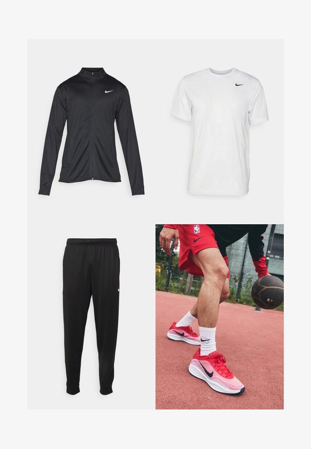 Veste de sport noire à manches longues, avec col et fermeture éclair intégrale. Présente un logo Nike subtil en blanc sur le côté supérieur gauche de la poitrine. Texture lisse.; T-shirt blanc à manches courtes en tissu lisse. Il présente un col rond et un petit logo Nike noir sur la poitrine gauche.; Pantalon de sport noir en tissu lisse, avec une taille élastique, des jambes fuselées et un petit logo blanc sur le côté gauche.; Baskets légères rouges avec un design en mesh et des accents navy contrastés, accompagnées de chaussettes blanches arborant un logo noir.