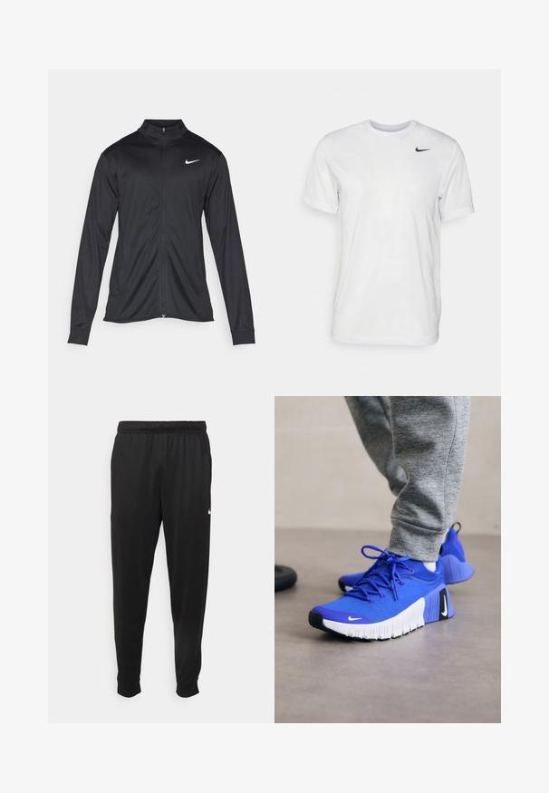 Black athletic jacket with long sleeves, collar, and full zipper. Features a subtle Nike logo in white on the upper left chest. Smooth texture.; White short-sleeve t-shirt made of smooth fabric. Features a round neck and a small black Nike logo on the left chest.; Black athletic pants made of smooth fabric, featuring an elastic waistband, tapered legs, and a small white logo on the left side.; Blue athletic shoes with a textured fabric upper, white sole, and black accents. Features laces and a streamlined, ergonomic design.