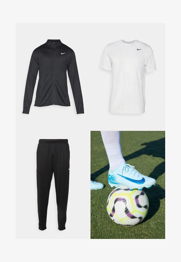Juodas sportinis švarkas su ilgomis rankovėmis, apykakle ir pilnu užtrauktuku. Yra subtilus baltas Nike logotipas kairėje krūtinės pusėje. Lygus tekstūra.; Balta trumpa rankovėmis marškinėliai, pagaminti iš lygaus audinio. Turi apvalų kaklą ir mažą juodą Nike logotipą kairėje krūtinės pusėje.; Juodi sportiniai kelnės, pagamintos iš lygaus audinio, turinčios elastinę juosmenį, siaurėjantys sijonai ir mažas baltas logotipas kairėje pusėje.; Šviesiai mėlyna Nike futbolo batai su mėlynu swoosh raštu, gulintys ant daugiaprasmio futbolo kamuolio su žaliais, purpuriniais ir juodais akcentais.