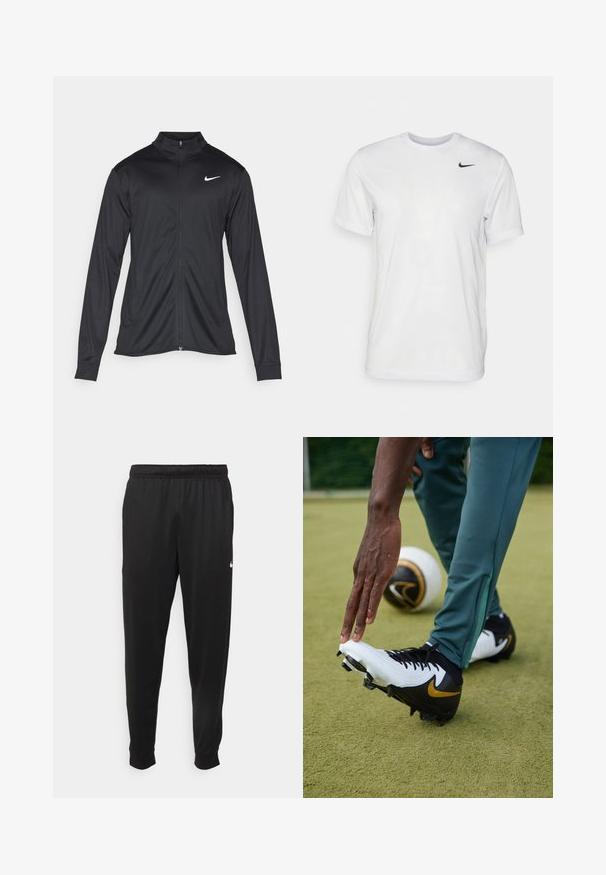 Chaqueta atlética negra con mangas largas, collar y cremallera completa. Presenta un sutil logo de Nike en blanco en la parte superior izquierda del pecho. Textura suave.; Camiseta blanca de manga corta hecha de tela suave. Presenta un cuello redondo y un pequeño logo negro de Nike en el pecho izquierdo.; Pantalones deportivos negros de tejido suave, con cintura elástica, perneras ajustadas y un pequeño logotipo blanco en el lado izquierdo.; Botas de fútbol Nike con un diseño en blanco y negro, detalles en dorado, superficie texturizada y tacos visibles, posicionadas sobre césped verde con un balón cercano.