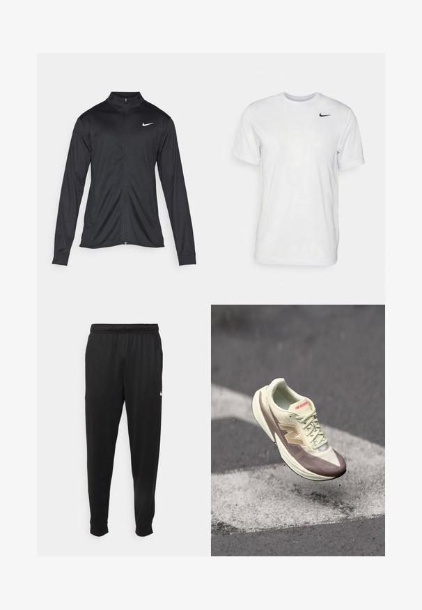 Czarna sportowa kurtka z długimi rękawami, kołnierzem i pełnym zamkiem. Posiada subtelne logo Nike w białym kolorze na lewej górnej części klatki piersiowej. Gładka tekstura.; Biała koszulka z krótkim rękawem wykonana z gładkiego materiału. Posiada okrągły dekolt oraz małe czarne logo Nike po lewej stronie klatki piersiowej.; Czarne sportowe spodnie wykonane z gładkiego materiału, z elastycznym pasem, zwężanymi nogawkami i małym białym logo po lewej stronie.; Lekkiego buta sportowego z kremową cholewką i brązowymi akcentami, z fakturowaną powierzchnią, sznurówkami oraz wyraźnym logo z boku.