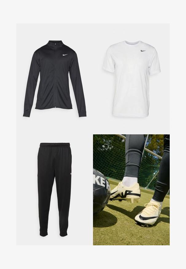 Fekete sportdzseki hosszú ujjal, gallérral és teljes cipzárral. Diszkrét fehér Nike logóval az upper bal mellen. Sima textúra.; Fehér, rövid ujjú póló, sima anyagból készült. Kerek nyakkivágással és egy kis fekete Nike logóval rendelkezik a bal mellen.; Fekete sportos nadrág sima anyagból, rugalmas derékkal, szűkülő lábakkal és egy kis fehér logóval a bal oldalon.; Krémszínű Nike foci cipők fekete kiemelésekkel, texturált felsőrész, hangsúlyos logó és kúpos stoplik. Egy fekete focilabda a fű felületén.