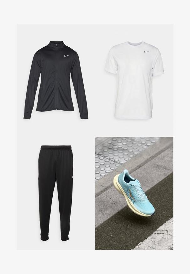 Juodas sportinis švarkas su ilgomis rankovėmis, apykakle ir pilnu užtrauktuku. Yra subtilus baltas Nike logotipas kairėje krūtinės pusėje. Lygus tekstūra.; Balta trumpa rankovėmis marškinėliai, pagaminti iš lygaus audinio. Turi apvalų kaklą ir mažą juodą Nike logotipą kairėje krūtinės pusėje.; Juodi sportiniai kelnės, pagamintos iš lygaus audinio, turinčios elastinę juosmenį, siaurėjantys sijonai ir mažas baltas logotipas kairėje pusėje.; Šviesiai mėlynas bėgimo batai su kvėpuojančia tinkline viršutine dalimi, paminkštintu grietinėlės spalvos viduriniu padu ir oranžiniu logotipu šone. Suapvalintas pirštų dizainas.