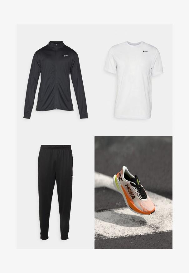 Giacca sportiva nera con maniche lunghe, colletto e zip completa. Presenta un logo Nike in bianco sulla parte superiore del lato sinistro del petto. Tessuto morbido.; T-shirt bianco a maniche corte in tessuto morbido. Presenta un collo rotondo e un piccolo logo Nike nero sul lato sinistro del petto.; Pantaloni sportivi neri realizzati in tessuto liscio, con una vita elastica, gambe affusolate e un piccolo logo bianco sul lato sinistro.; Scarpa da corsa Hoka bianca e arancione con lacci neri e suola nera che fluttua su una superficie asfaltata con segnaletica stradale bianca.