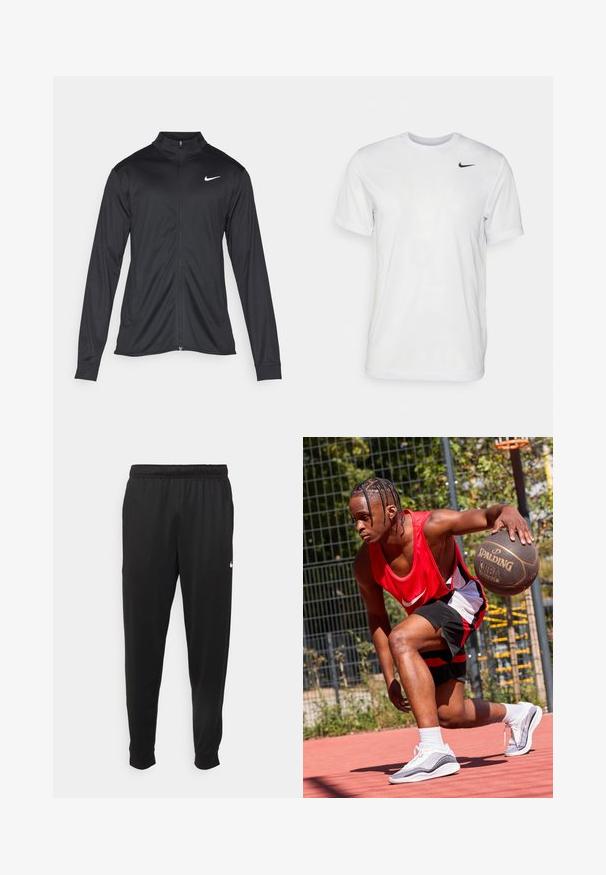 Čierna športová bunda s dlhými rukávmi, golierom a plným zipsom. Obsahuje nenápadné logo Nike v bielej farbe na hornej ľavej hrudi. Hladká textúra.; Biela krátka tričko s krátkymi rukávmi vyrobené z hladkej látky. Má okrúhly výstrih a malé čierne logo Nike na ľavej hrudi.; Čierne športové nohavice z hladkej tkaniny, s elastickým pásom, zužujúcimi sa nohavicami a malým bielym logom na ľavej strane.; Basketbalista v červenom nátelníku Nike a čiernych šortkách, driblujúci s basketbalom Spalding na červenom ihrisku. Má na sebe biele športové topánky.