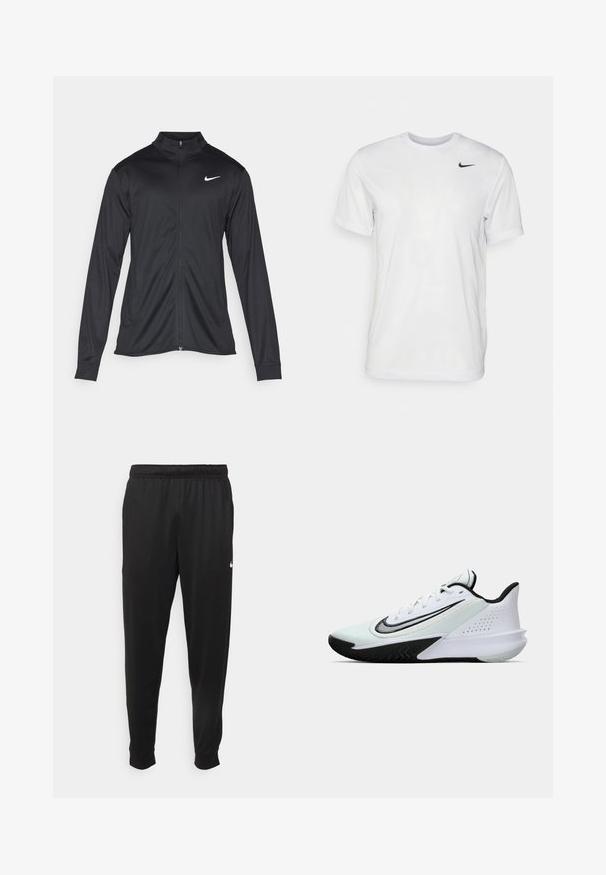 Black athletic jacket with long sleeves, collar, and full zipper. Features a subtle Nike logo in white on the upper left chest. Smooth texture.; White short-sleeve t-shirt made of smooth fabric. Features a round neck and a small black Nike logo on the left chest.; Black athletic pants made of smooth fabric, featuring an elastic waistband, tapered legs, and a small white logo on the left side.; White and black low-top athletic shoe with laces and a large black swoosh logo on the side, shown from the outer side.