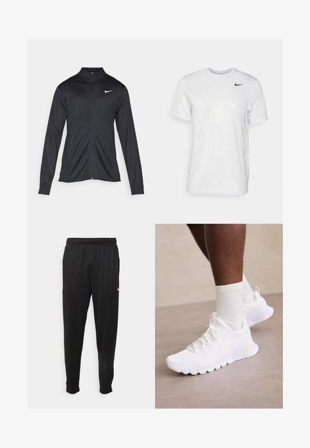Black athletic jacket with long sleeves, collar, and full zipper. Features a subtle Nike logo in white on the upper left chest. Smooth texture.; White short-sleeve t-shirt made of smooth fabric. Features a round neck and a small black Nike logo on the left chest.; Black athletic pants made of smooth fabric, featuring an elastic waistband, tapered legs, and a small white logo on the left side.; White athletic shoes with a textured upper, padded collar, and flexible sole; complemented by white ribbed socks.