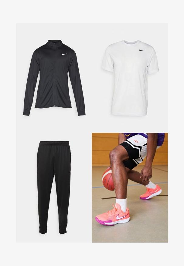 Musta urheilutakki pitkillä hihoilla, kauluksella ja kokonaisella vetoketjulla. Täydentää hienovarainen Nike-logo valkoisena vasemmassa ylärinnassa. Litteä pinta.; Valkoinen lyhythihainen t-paita, joka on valmistettu sileästä kankaasta. Ominaisuuksina pyöreä kaula-aukko ja pieni musta Nike-logo vasemmassa rinnassa.; Mustat urheiluhousut, jotka on valmistettu sileästä kankaasta. Niissä on joustava vyötärö, kapenevat lahkeet ja pieni valkoinen logo vasemmalla puolella.; Nike koripallokengät kirkkaan vaaleanpunaisina ja purppuranvärisinä, verkkokudoksella, joissa on valkoinen logo ja tekstuuripohjat, puulattialla.