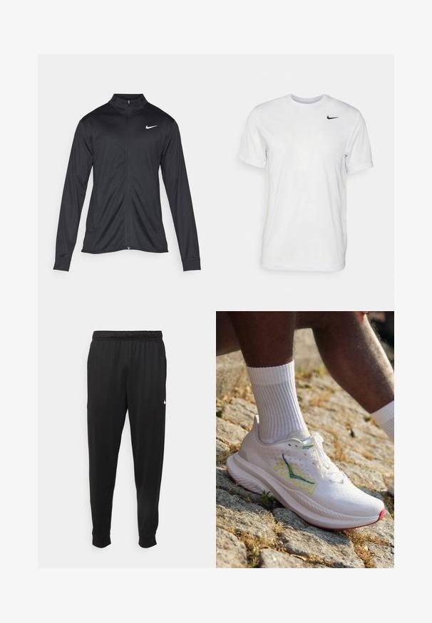 Fekete sportdzseki hosszú ujjal, gallérral és teljes cipzárral. Diszkrét fehér Nike logóval az upper bal mellen. Sima textúra.; Fehér, rövid ujjú póló, sima anyagból készült. Kerek nyakkivágással és egy kis fekete Nike logóval rendelkezik a bal mellen.; Fekete sportos nadrág sima anyagból, rugalmas derékkal, szűkülő lábakkal és egy kis fehér logóval a bal oldalon.; HOKA MACH 6 - Utcai futócipők - white/nimbus cloud