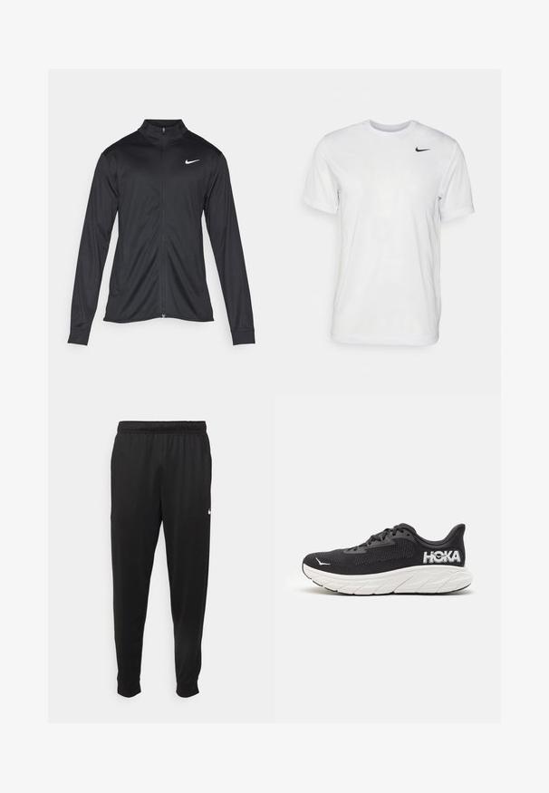 Veste de sport noire à manches longues, avec col et fermeture éclair intégrale. Présente un logo Nike subtil en blanc sur le côté supérieur gauche de la poitrine. Texture lisse.; T-shirt blanc à manches courtes en tissu lisse. Il présente un col rond et un petit logo Nike noir sur la poitrine gauche.; Pantalon de sport noir en tissu lisse, avec une taille élastique, des jambes fuselées et un petit logo blanc sur le côté gauche.; Chaussure de course noire avec une tige en maille texturée, une semelle intermédiaire blanche, un logo bien en vue à l'arrière et une semelle courbée pour l'amorti.