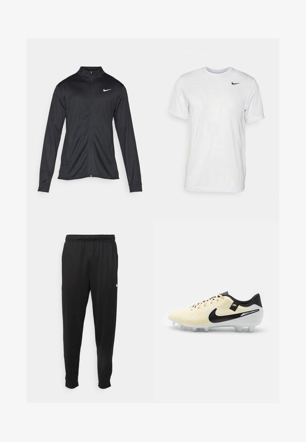 Musta urheilutakki pitkillä hihoilla, kauluksella ja kokonaisella vetoketjulla. Täydentää hienovarainen Nike-logo valkoisena vasemmassa ylärinnassa. Litteä pinta.; Valkoinen lyhythihainen t-paita, joka on valmistettu sileästä kankaasta. Ominaisuuksina pyöreä kaula-aukko ja pieni musta Nike-logo vasemmassa rinnassa.; Mustat urheiluhousut, jotka on valmistettu sileästä kankaasta. Niissä on joustava vyötärö, kapenevat lahkeet ja pieni valkoinen logo vasemmalla puolella.; Jalkapallokengät, joissa on kermanvärinen päällinen, teksturoitu nahkadesigni, mustat yksityiskohdat ja valkoinen pohja, jossa on kohotettuja nastoja pitoa varten.