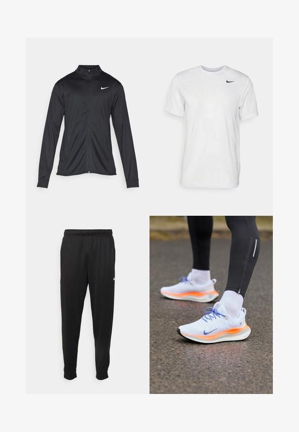 Veste de sport noire à manches longues, avec col et fermeture éclair intégrale. Présente un logo Nike subtil en blanc sur le côté supérieur gauche de la poitrine. Texture lisse.; T-shirt blanc à manches courtes en tissu lisse. Il présente un col rond et un petit logo Nike noir sur la poitrine gauche.; Pantalon de sport noir en tissu lisse, avec une taille élastique, des jambes fuselées et un petit logo blanc sur le côté gauche.; Baskets de course blanches et oranges avec des lacets bleus, portées avec des chaussettes blanches et un legging noir sur une surface en asphalte.