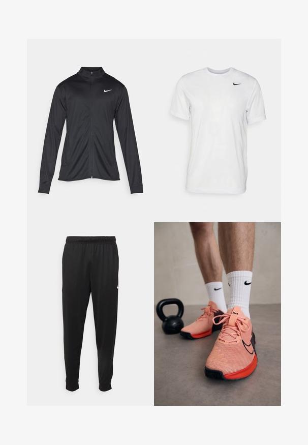 Fekete sportdzseki hosszú ujjal, gallérral és teljes cipzárral. Diszkrét fehér Nike logóval az upper bal mellen. Sima textúra.; Fehér, rövid ujjú póló, sima anyagból készült. Kerek nyakkivágással és egy kis fekete Nike logóval rendelkezik a bal mellen.; Fekete sportos nadrág sima anyagból, rugalmas derékkal, szűkülő lábakkal és egy kis fehér logóval a bal oldalon.; Nike sportcipők rózsaszín hálós anyagból, fekete részletekkel. Vastag fűzőkkel, párnázott nyelvvel és mintás talppal rendelkezik. Fehér zoknik logóval. Közeli fekete kettlebell.